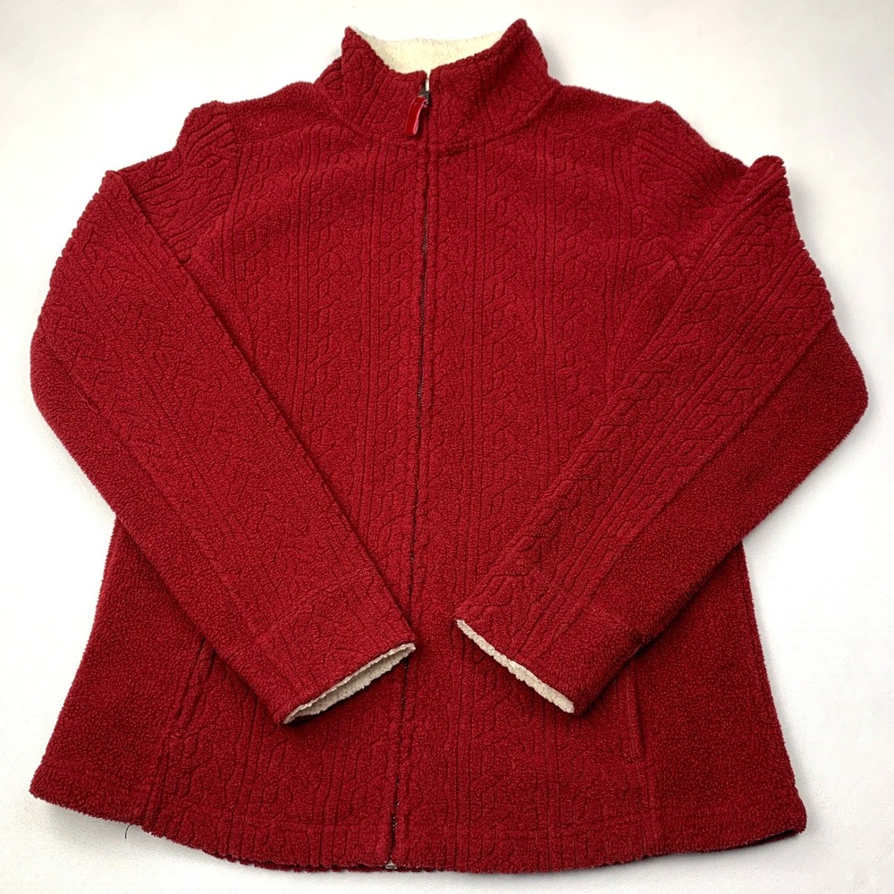 LL Bean Womens Small Red Cable Knit Texture Sherpa Lined Fleece Jacket S 500652